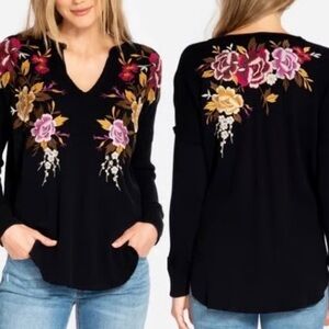 Johnny Was Black Knit with Floral Embroidery